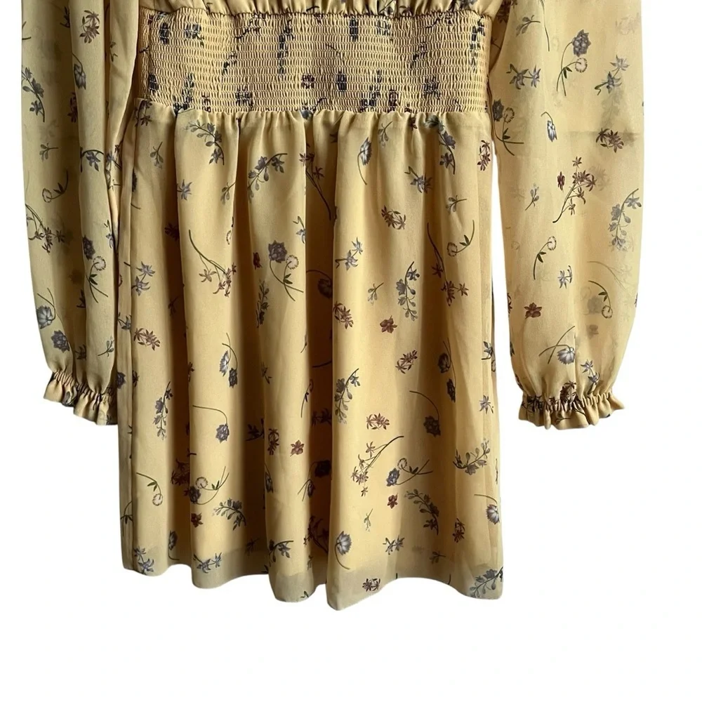 Aritzia Wilfred Wistful Dress XS Yellow Floral Chiffon Smocked Mini - Picture 7 of 10